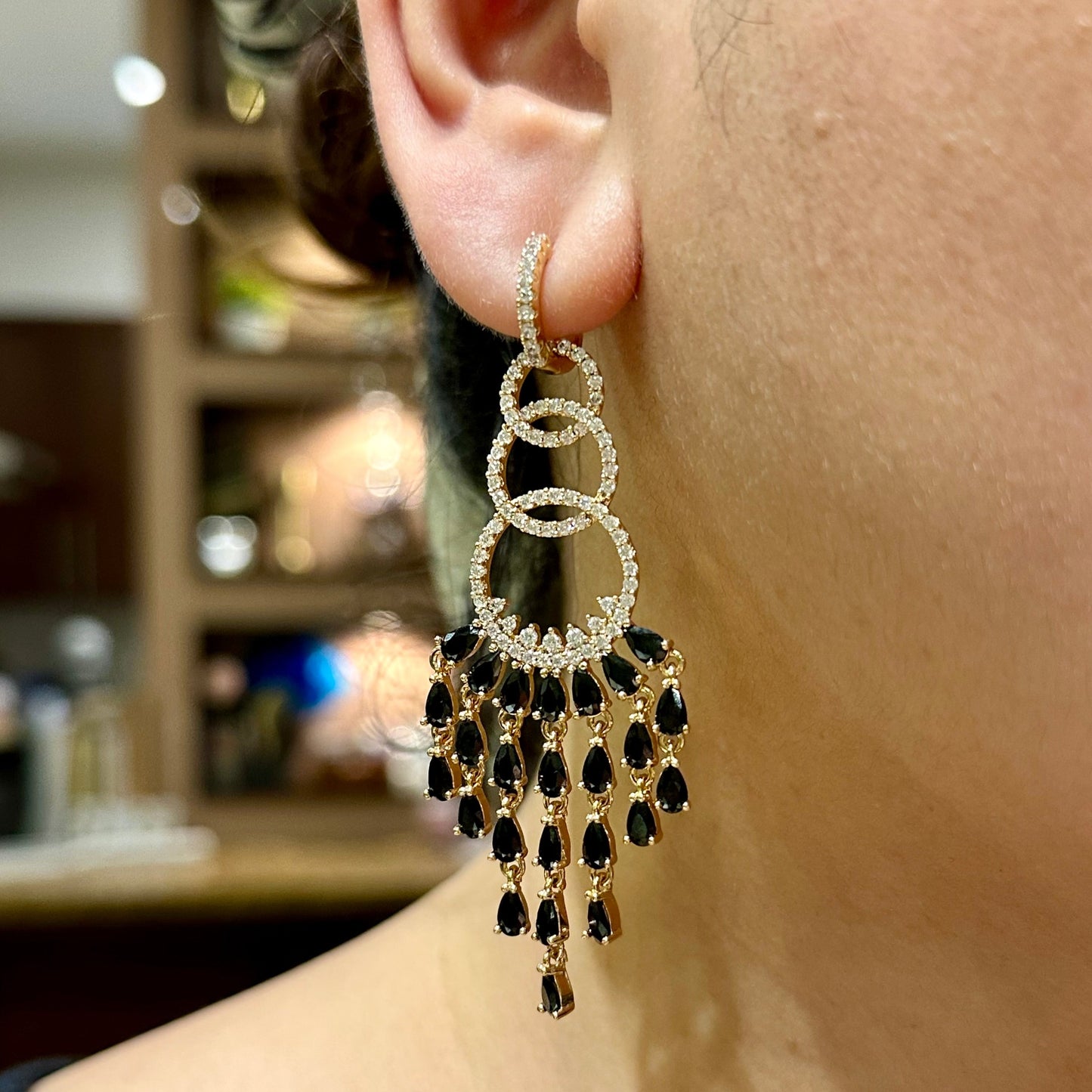 Spanish Chandelier Earrings in Black & Gold Tone
