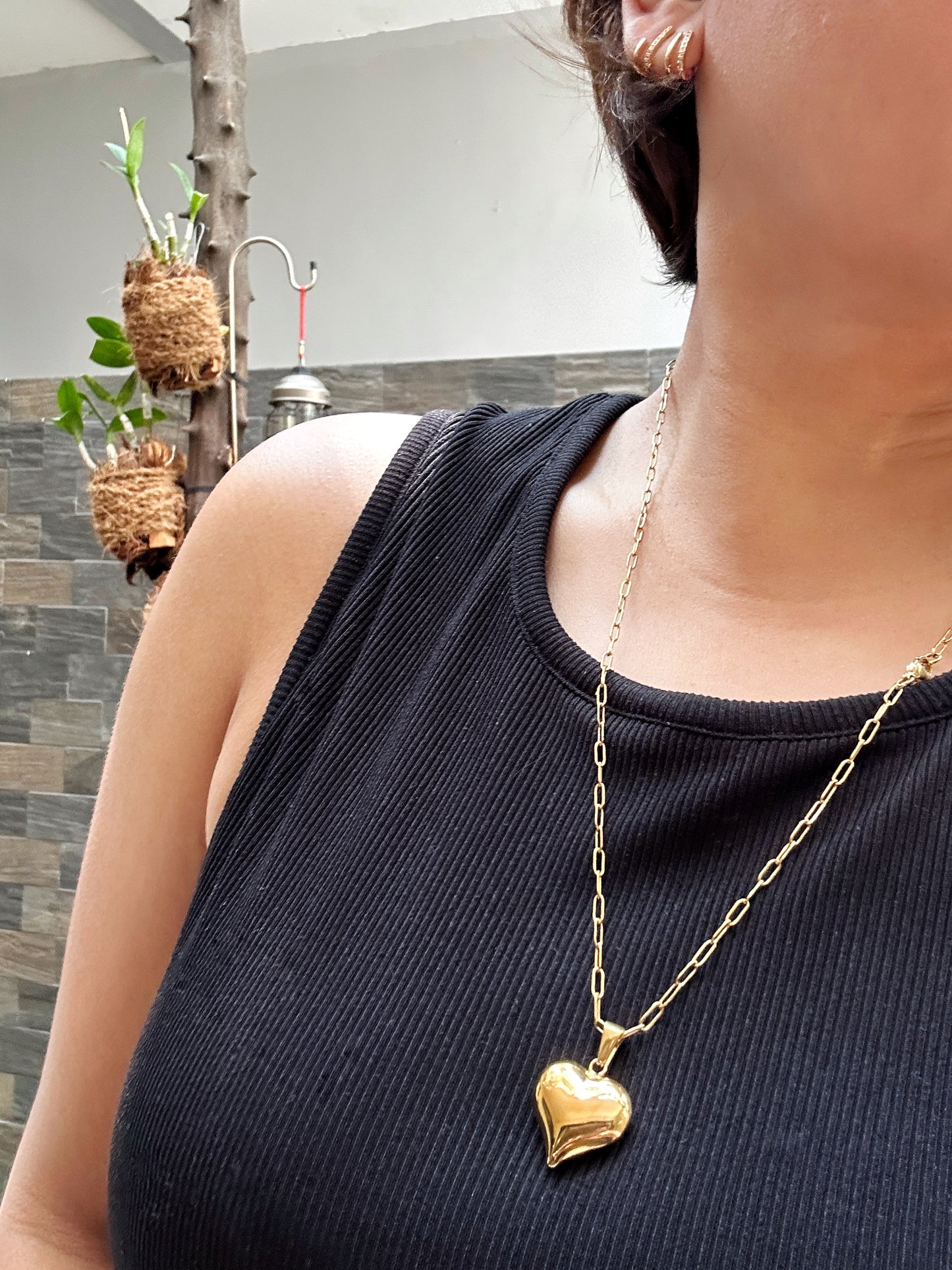24-Inches Gold Heart Pendant Paper Clip Chain Necklace in Stainless Steel