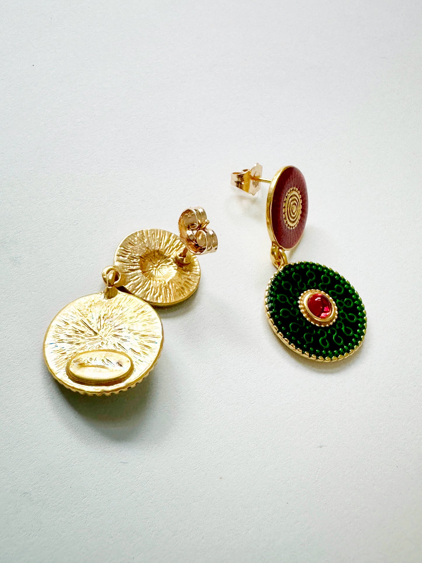 Luxurious Green & Red Vintage Statement Earrings with Gold-Tone Finish
