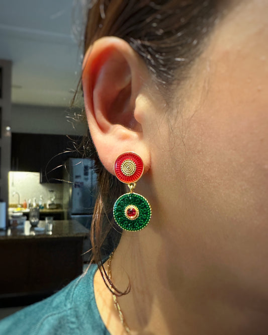 Luxurious Green & Red Vintage Statement Earrings with Gold-Tone Finish
