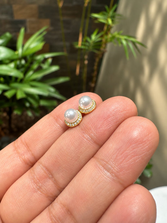 Pavé Halo Pearl Stud Earrings in 14K Gold Tone