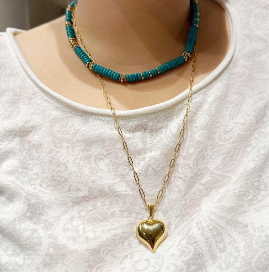 24-Inches Gold Heart Pendant Paper Clip Chain Necklace in Stainless Steel