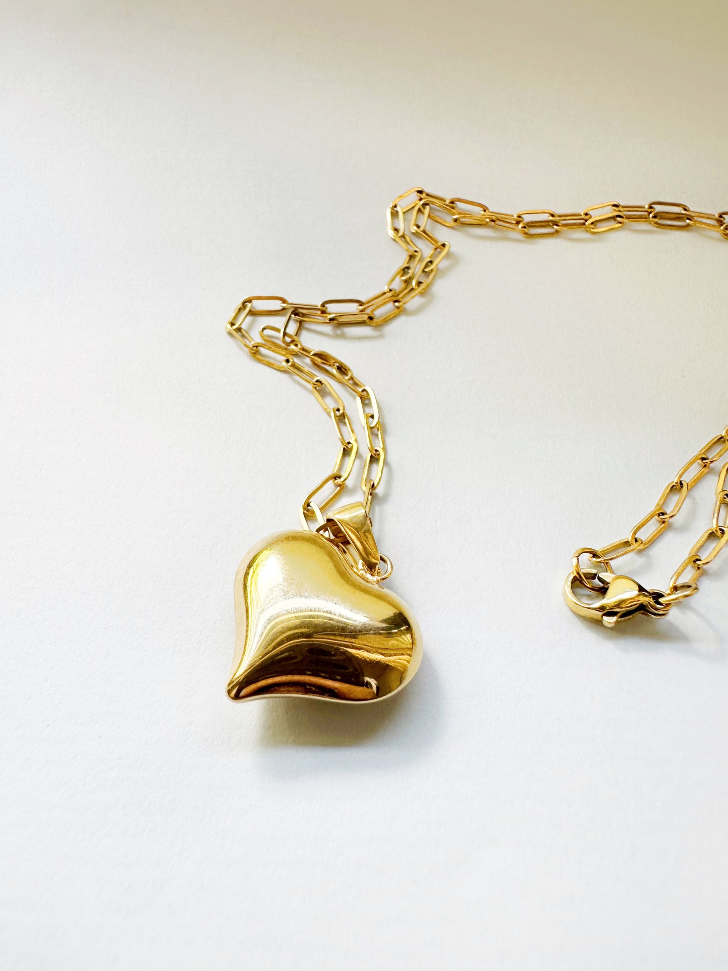 24-Inches Gold Heart Pendant Paper Clip Chain Necklace in Stainless Steel