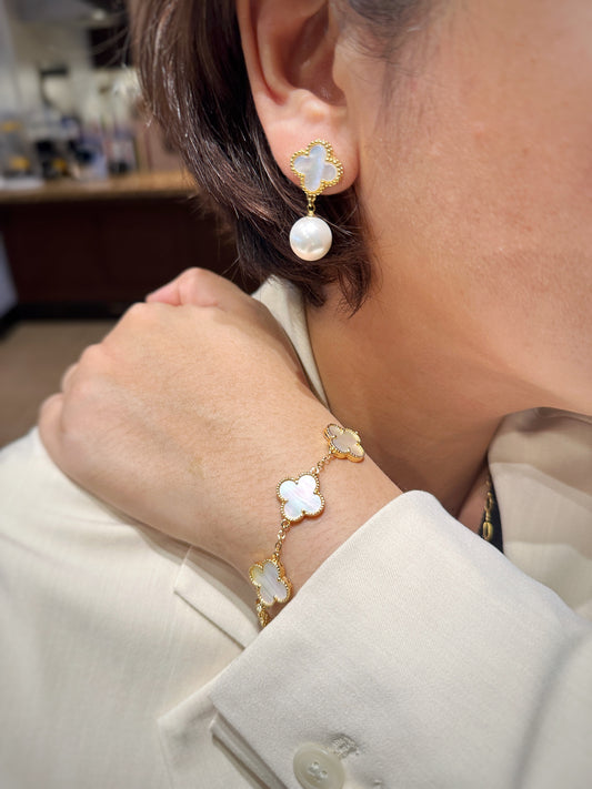 Noir Clover Pearl Drop Earrings & Bracelet Set in White