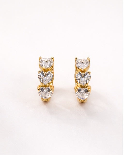 Trinity Heart Zirconia Huggie Earrings – 14K Gold Tone