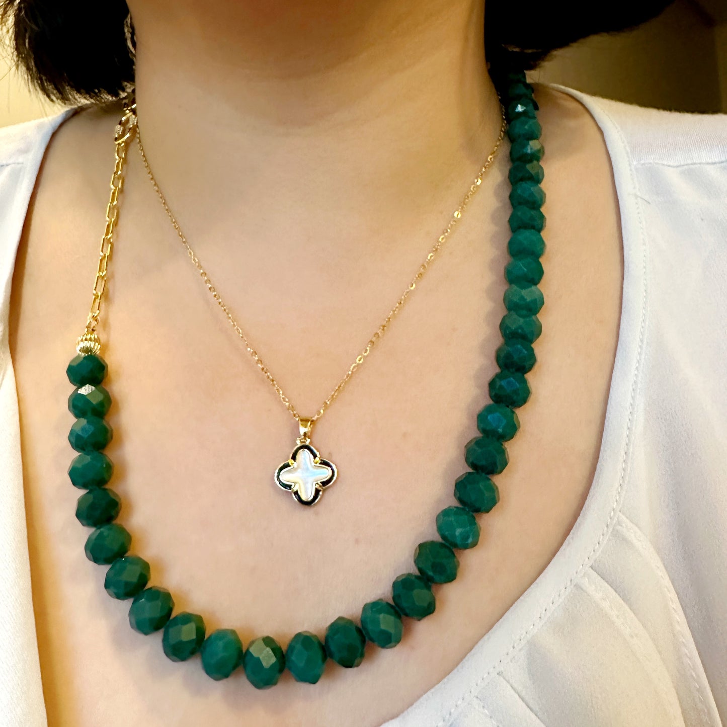 Emerald Green Abacus Crystal & Stainless Chain Necklace