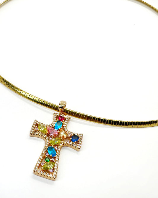 Jewel-Tone Cross Statement Necklace