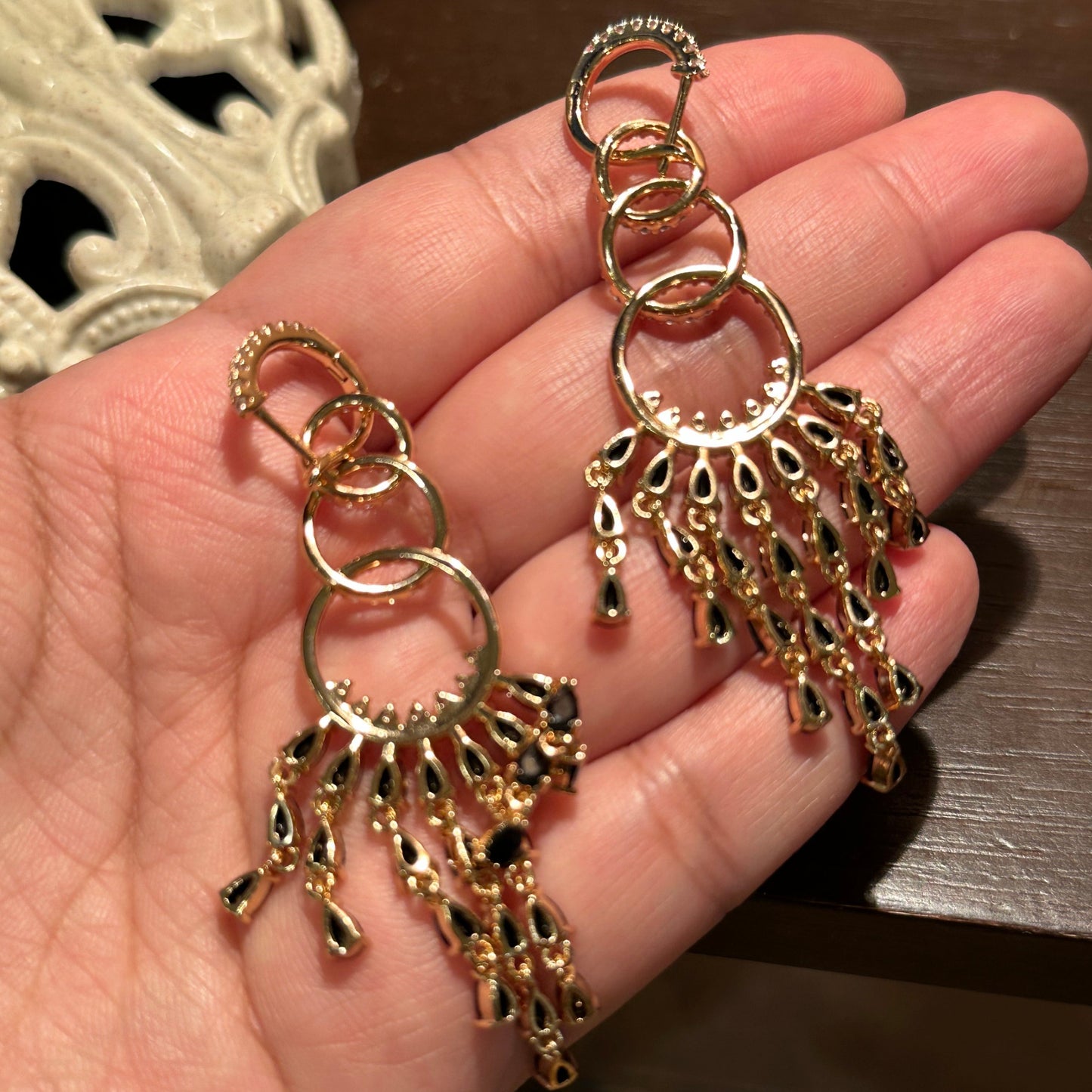 Spanish Chandelier Earrings in Black & Gold Tone