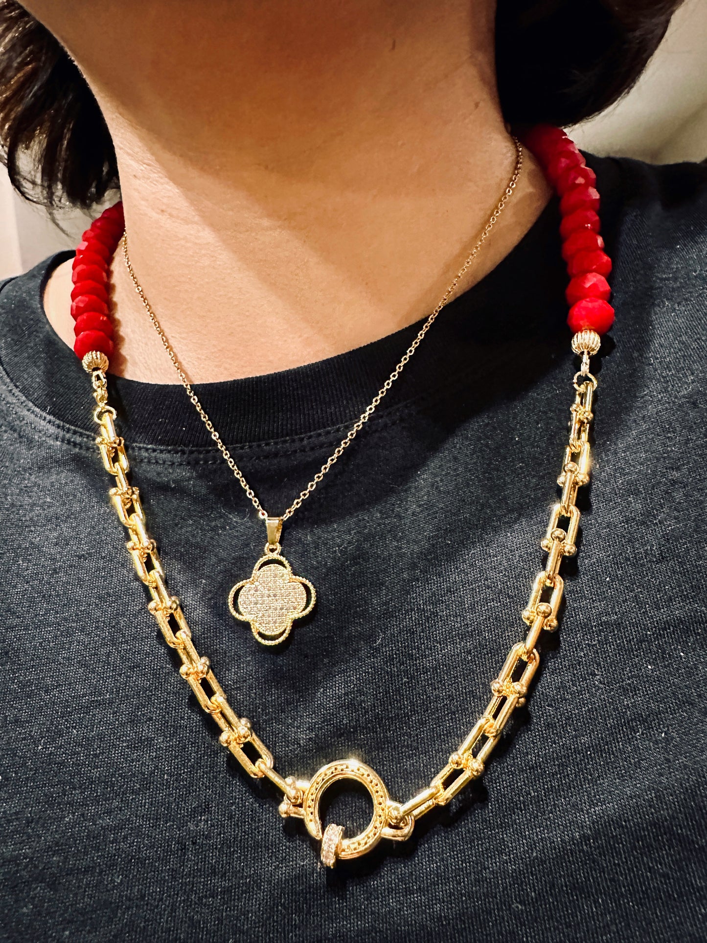 Vibrant Red Beaded Necklace with Gold Accent (1PC)