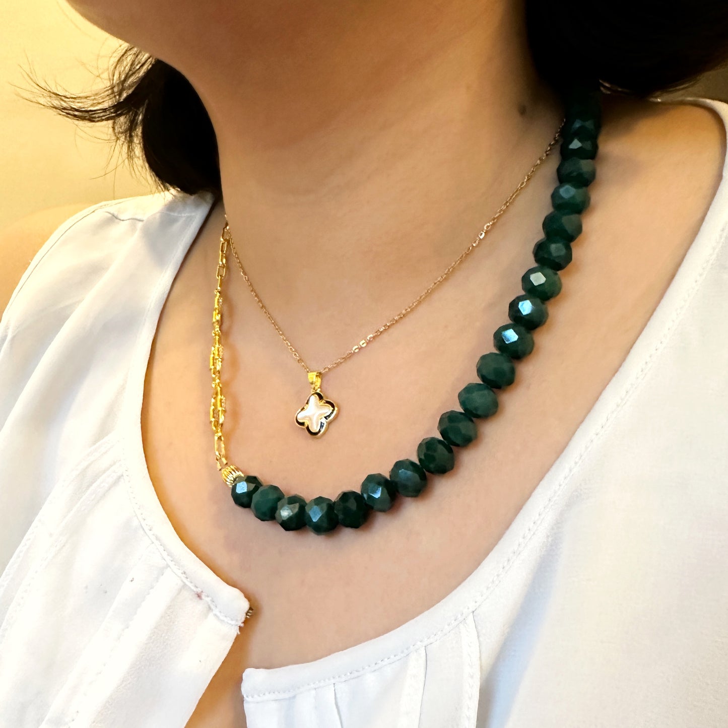 Emerald Green Abacus Crystal & Stainless Chain Necklace