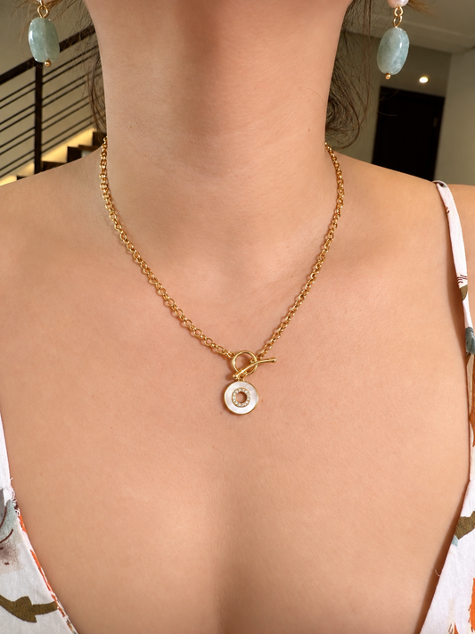 Mother of Pearl T-Bar Disc Pendant Necklace in Stainless Steel
