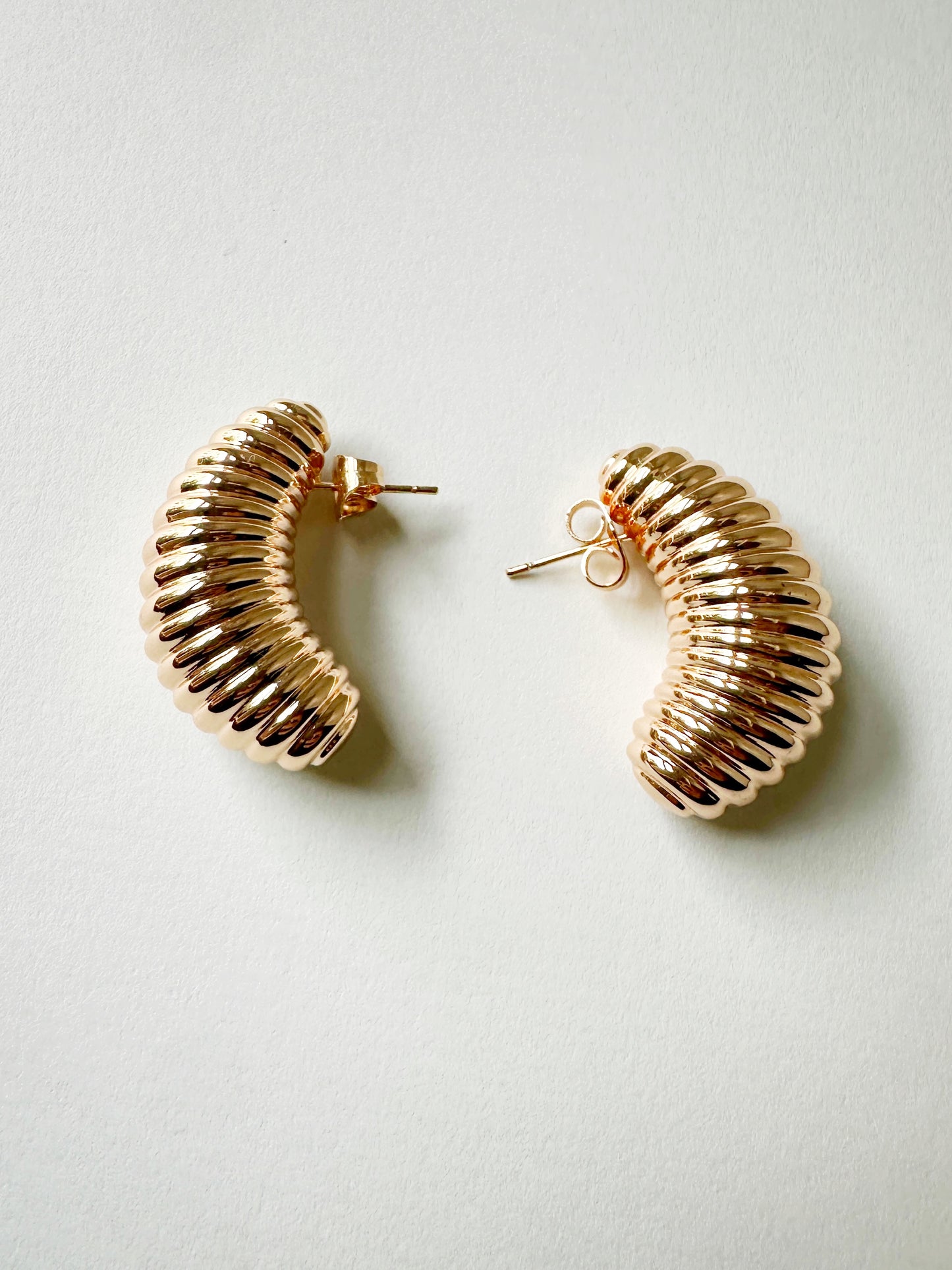 Golden Ridged Crescent Stud Earrings