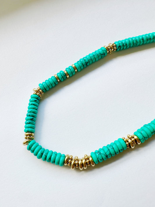 Real Natural Stone Turquoise Beaded Necklace with Gold Accents