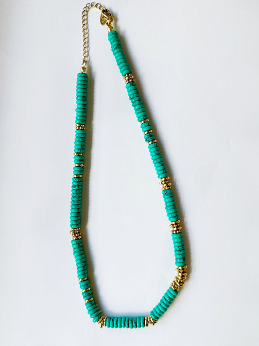 Real Natural Stone Turquoise Beaded Necklace with Gold Accents