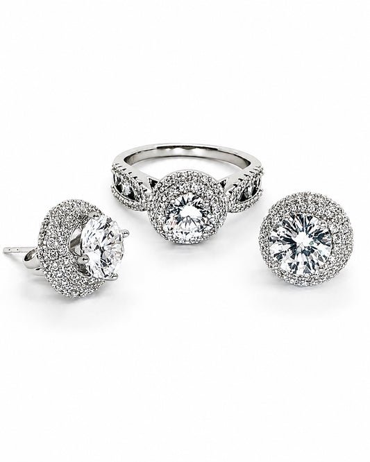 Heritage Pavé Halo Ring & Stud Earrings Set – White Gold Tone