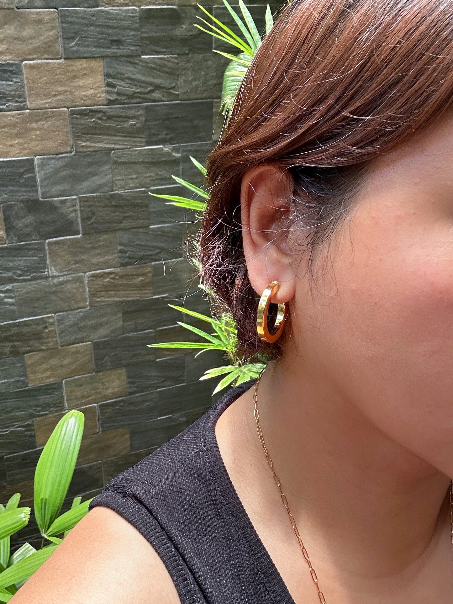 Bold Curve Hoop Earrings worn – non-tarnish gold-plated chunky hoops