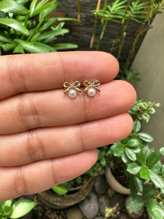 Dainty Ribbon Bow Pearl & Zirconia Stud Earrings in 14K Gold Tone