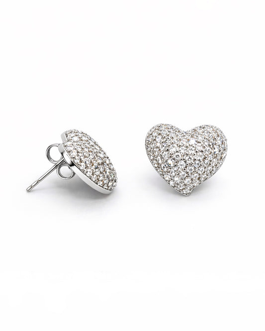 Diamond-Look Heart Stud Earrings – Pavé Zirconia, Hypoallergenic, White Gold Tone
