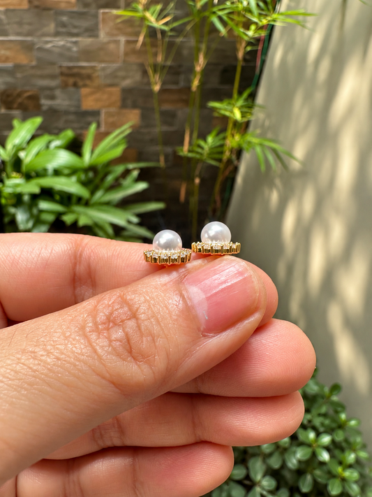 Crown Pavé Zirconia Halo Pearl Stud Earrings in 14K Gold Tone