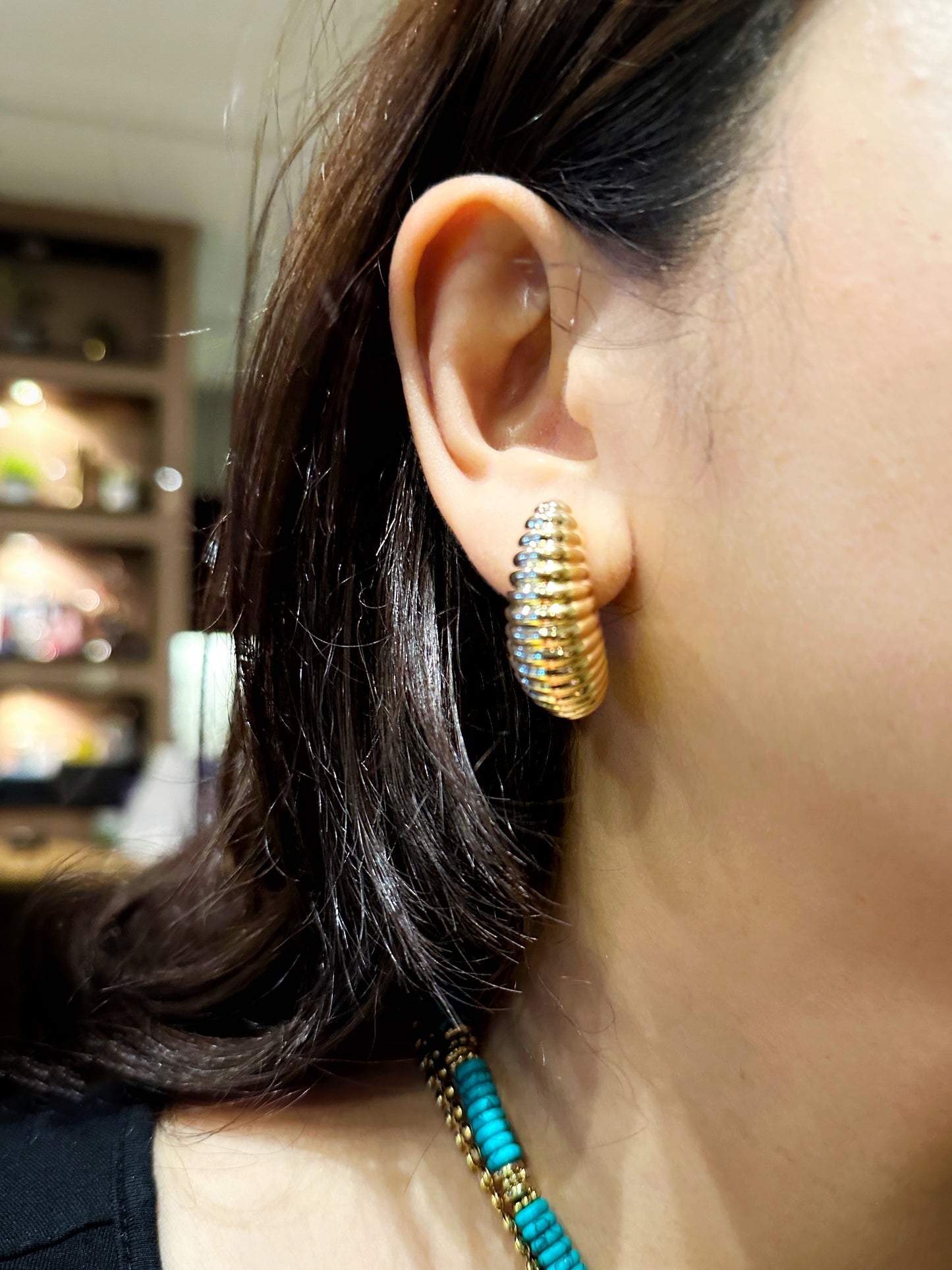 Golden Ridged Crescent Stud Earrings