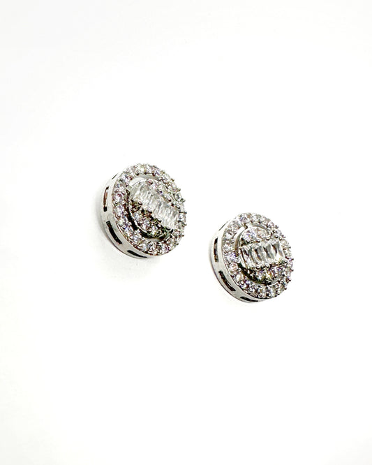 Double Halo Baguette Cluster Stud Earrings – 14K Whitegold-Dipped