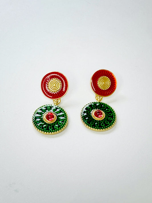 Luxurious Green & Red Vintage Statement Earrings with Gold-Tone Finish