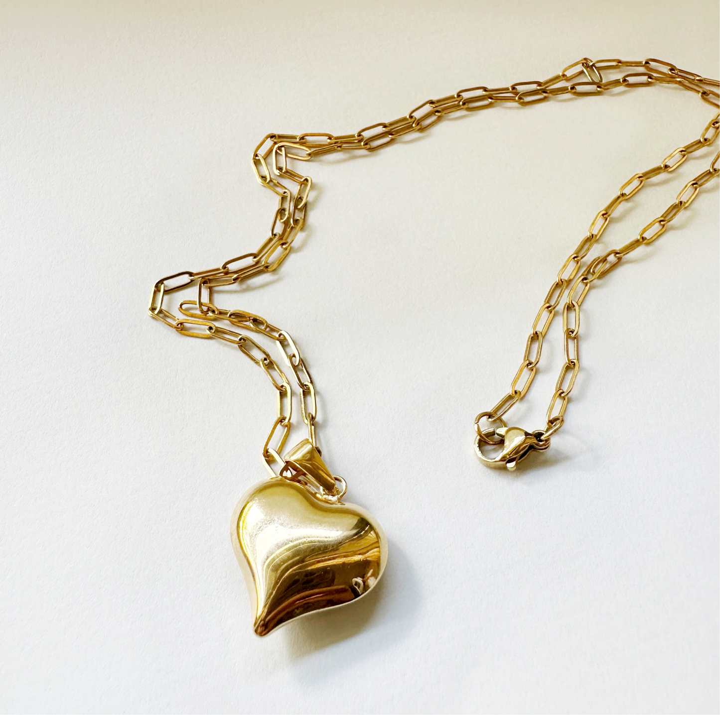 24-Inches Gold Heart Pendant Paper Clip Chain Necklace in Stainless Steel