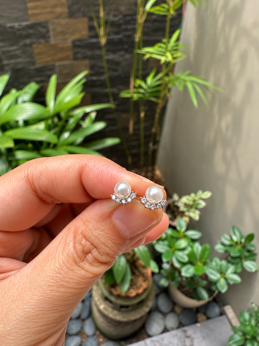 Dainty Lotus Crescent Pearl Stud Earrings in 14K White-Gold Tone