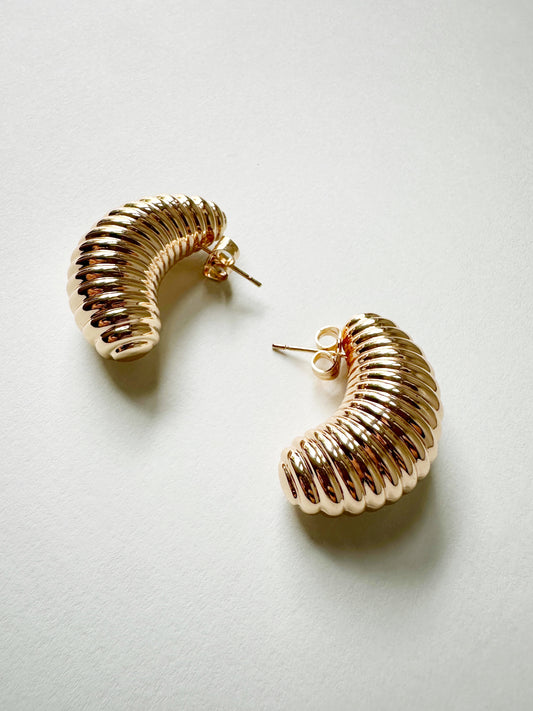 Golden Ridged Crescent Stud Earrings