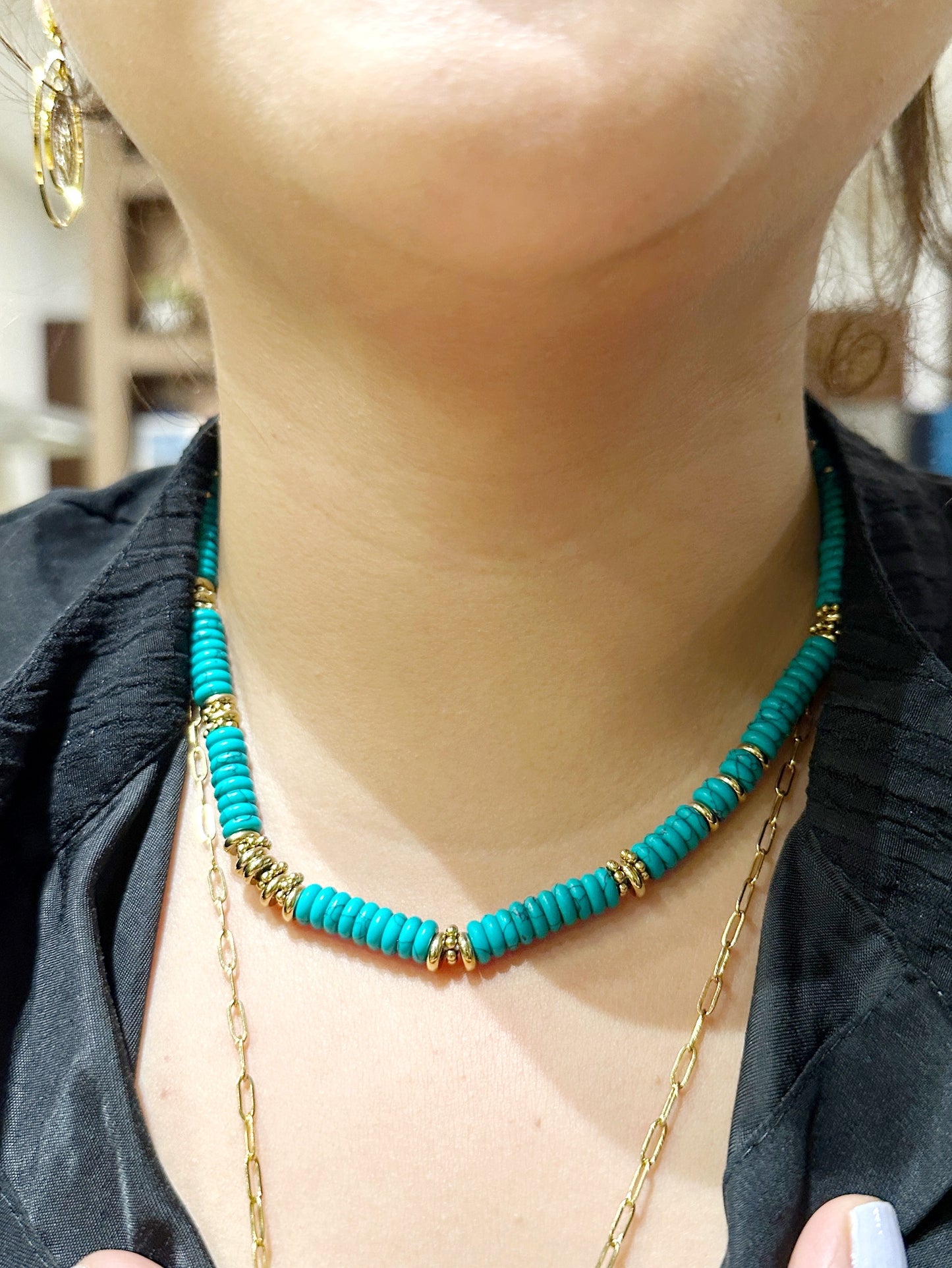 Real Natural Stone Turquoise Beaded Necklace with Gold Accents