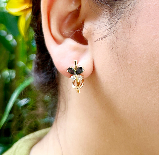 Elegant Black & Gold Butterfly Stud Earrings with Omega Back Lock