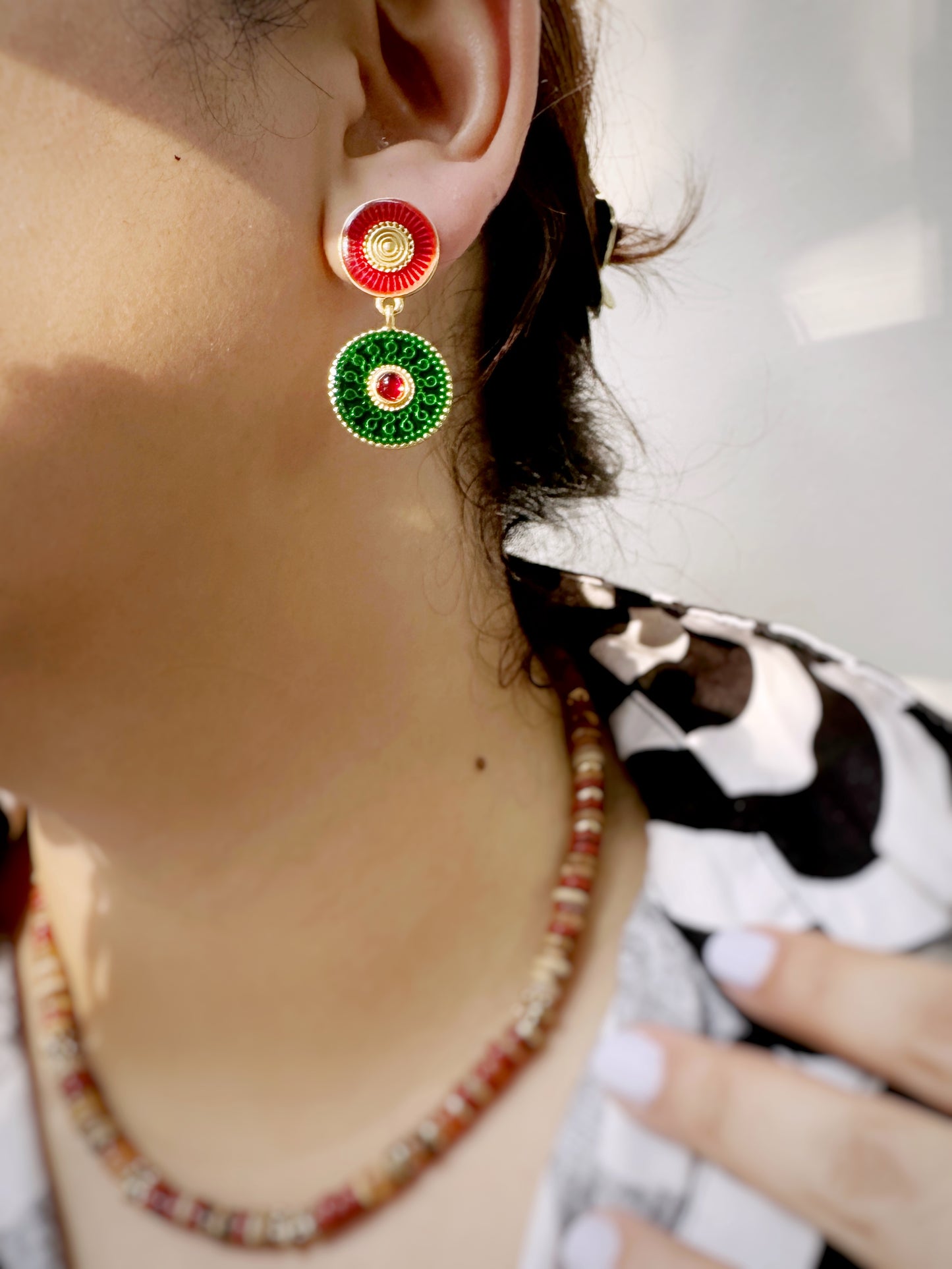 Luxurious Green & Red Vintage Statement Earrings with Gold-Tone Finish