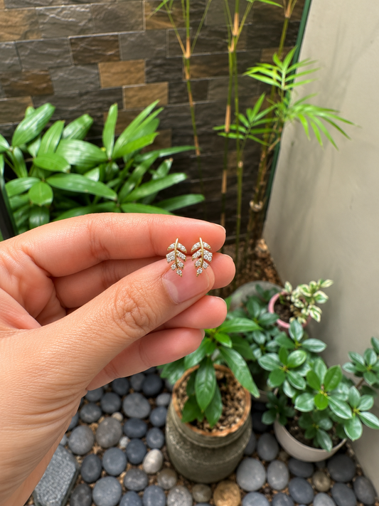 Dainty Leaf Branch Zirconia Stud Earrings in 14K Gold Tone