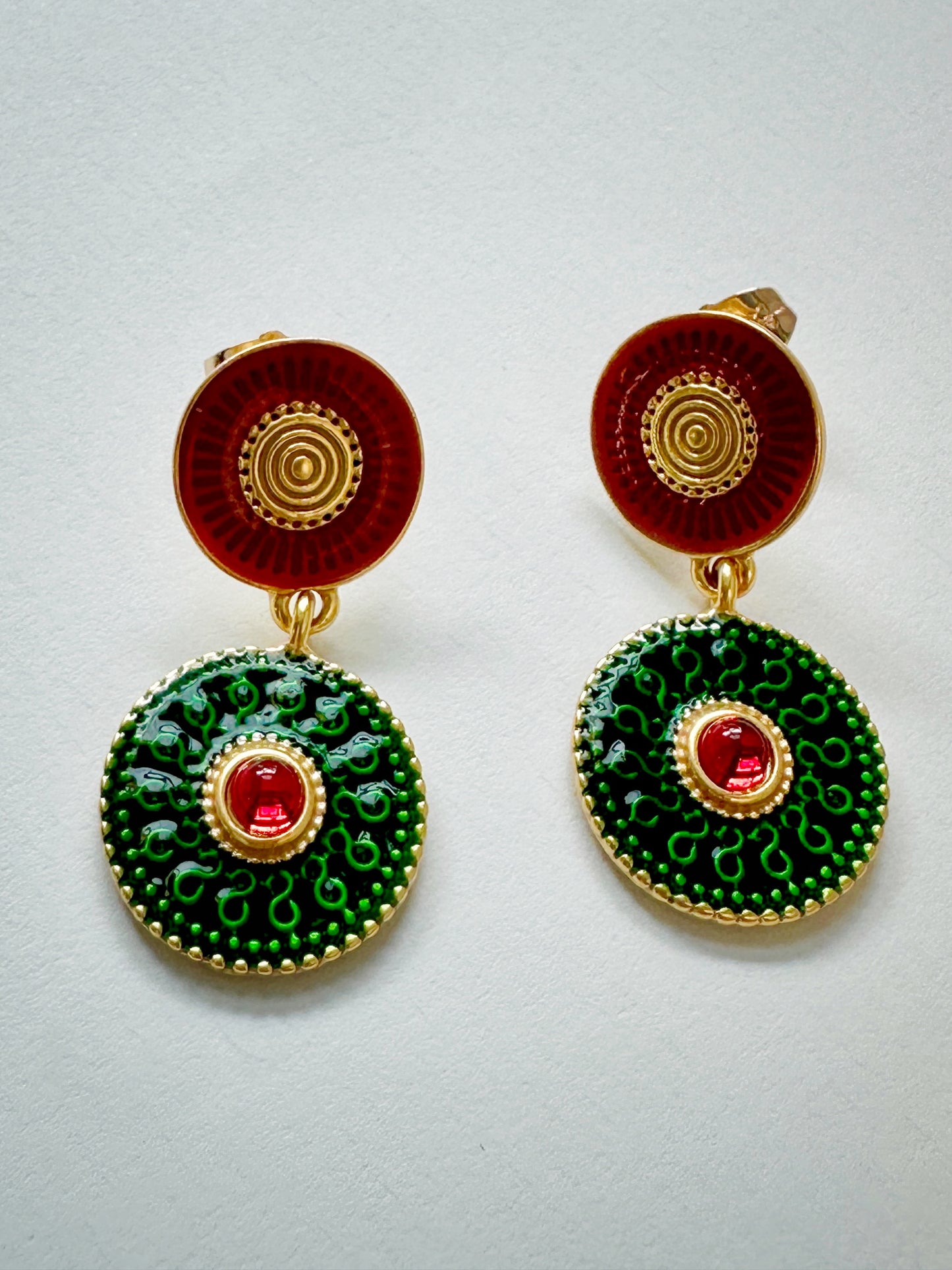 Luxurious Green & Red Vintage Statement Earrings with Gold-Tone Finish