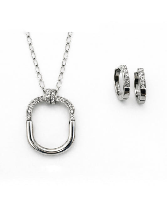 18K gold tone oval link zirconia pendant necklace with matching huggie earrings on white background