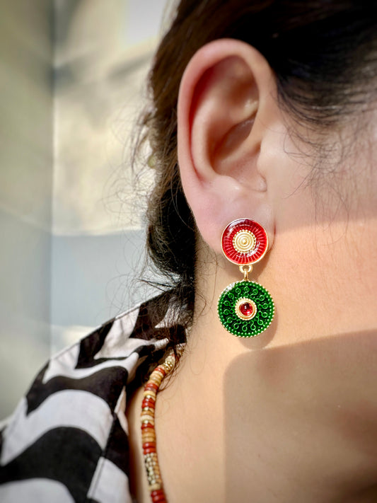 Luxurious Green & Red Vintage Statement Earrings with Gold-Tone Finish