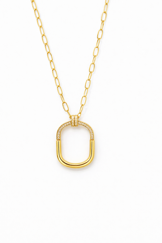 Chunky Oval Link Necklace Set with Zirconia Pendant and Huggie Earrings in Gold Tone