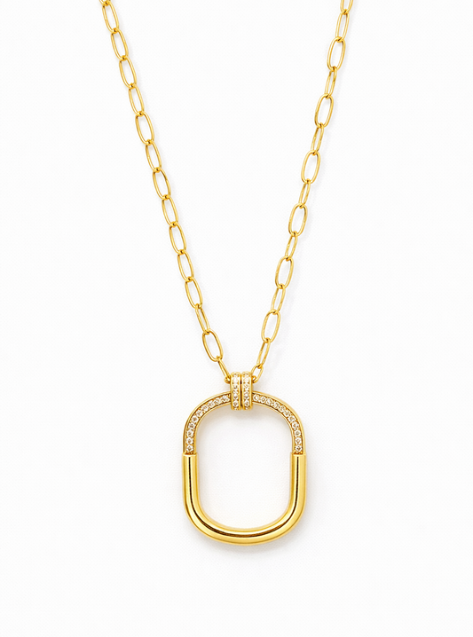 Chunky Oval Link Necklace Set with Zirconia Pendant and Huggie Earrings in Gold Tone