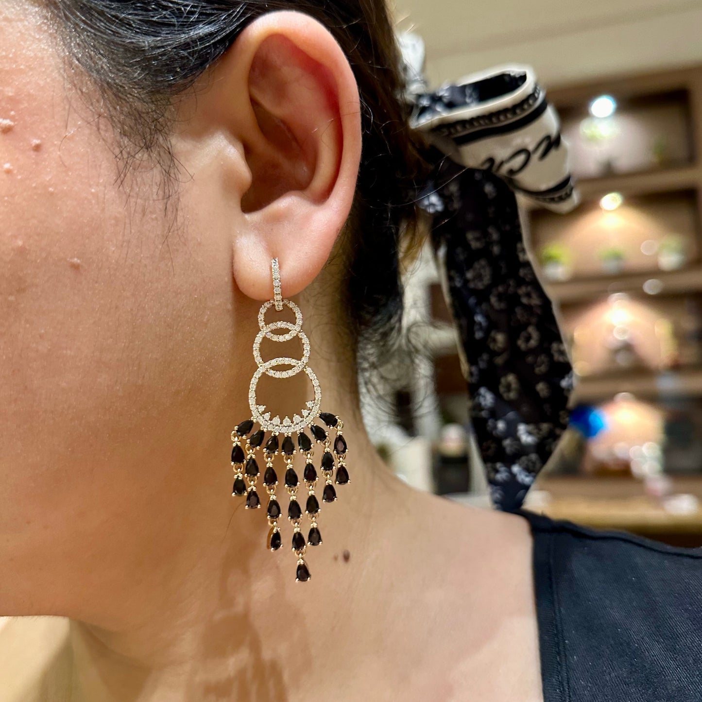 Spanish Chandelier Earrings in Black & Gold Tone