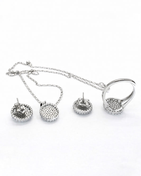 Pavé Halo Round Zirconia Jewelry Set | 12mm | White Gold Finish