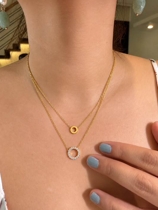 Double Layer Circle & Pavé Zirconia Pendant Necklace in Stainless Steel