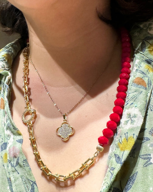 Vibrant Red Beaded Necklace with Gold Accent (1PC)