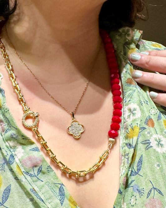 Vibrant Red Beaded Necklace with Gold Accent (1PC)