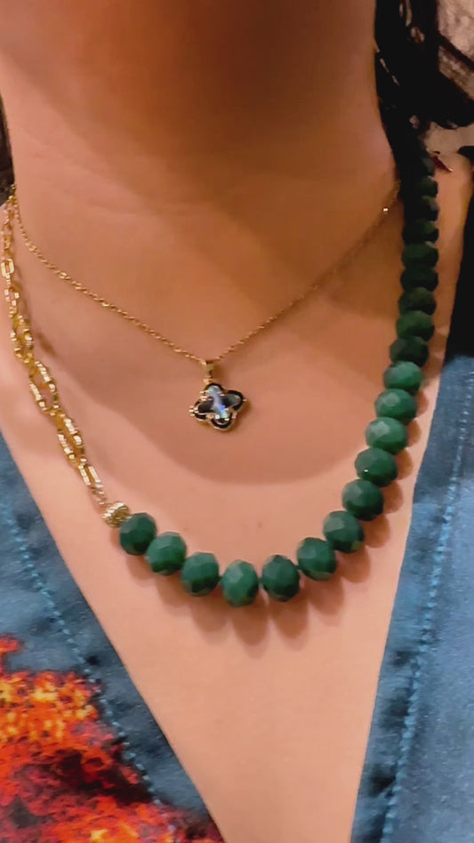 Emerald Green Abacus Crystal & Stainless Chain Necklace