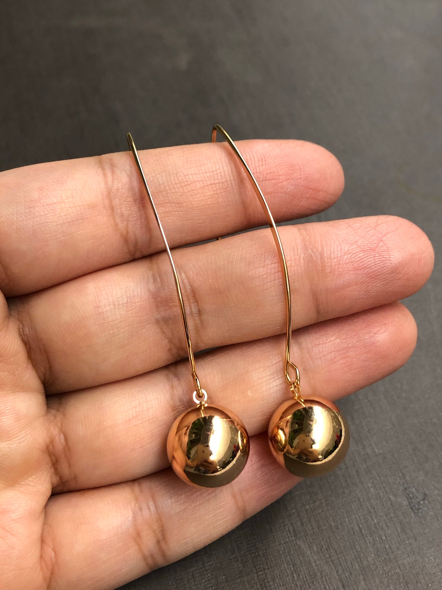 Solid Sphere Cat Ear Needle Drop Earrings in Gold Tone