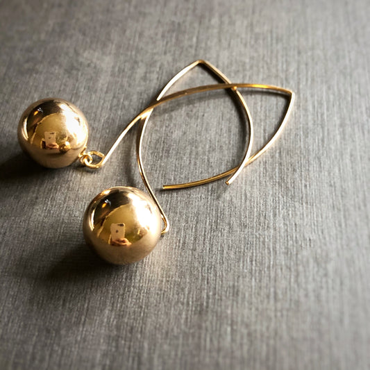 Solid Sphere Cat Ear Needle Drop Earrings in Gold Tone