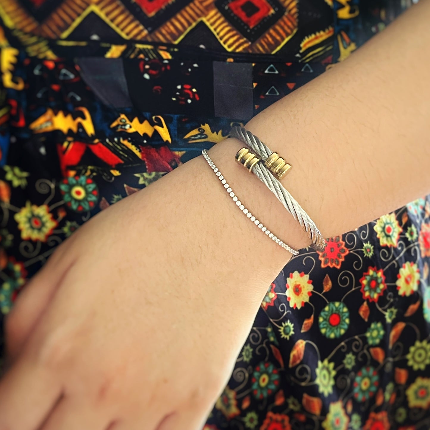 hand wearing whitegold silver petite tennis bracelet