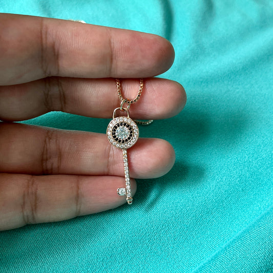 Rosegold Key Pendant Necklace with Micro Black Stones