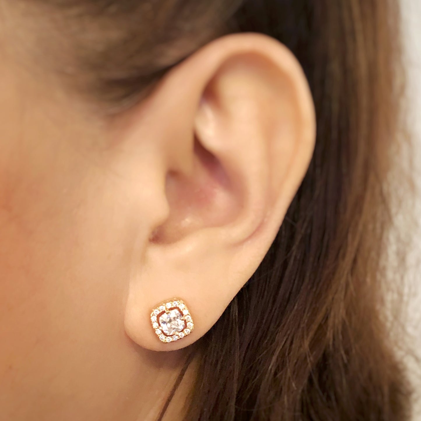 Dainty Princess Cut Halo Stud Earrings | 8mm | Premium Zirconia