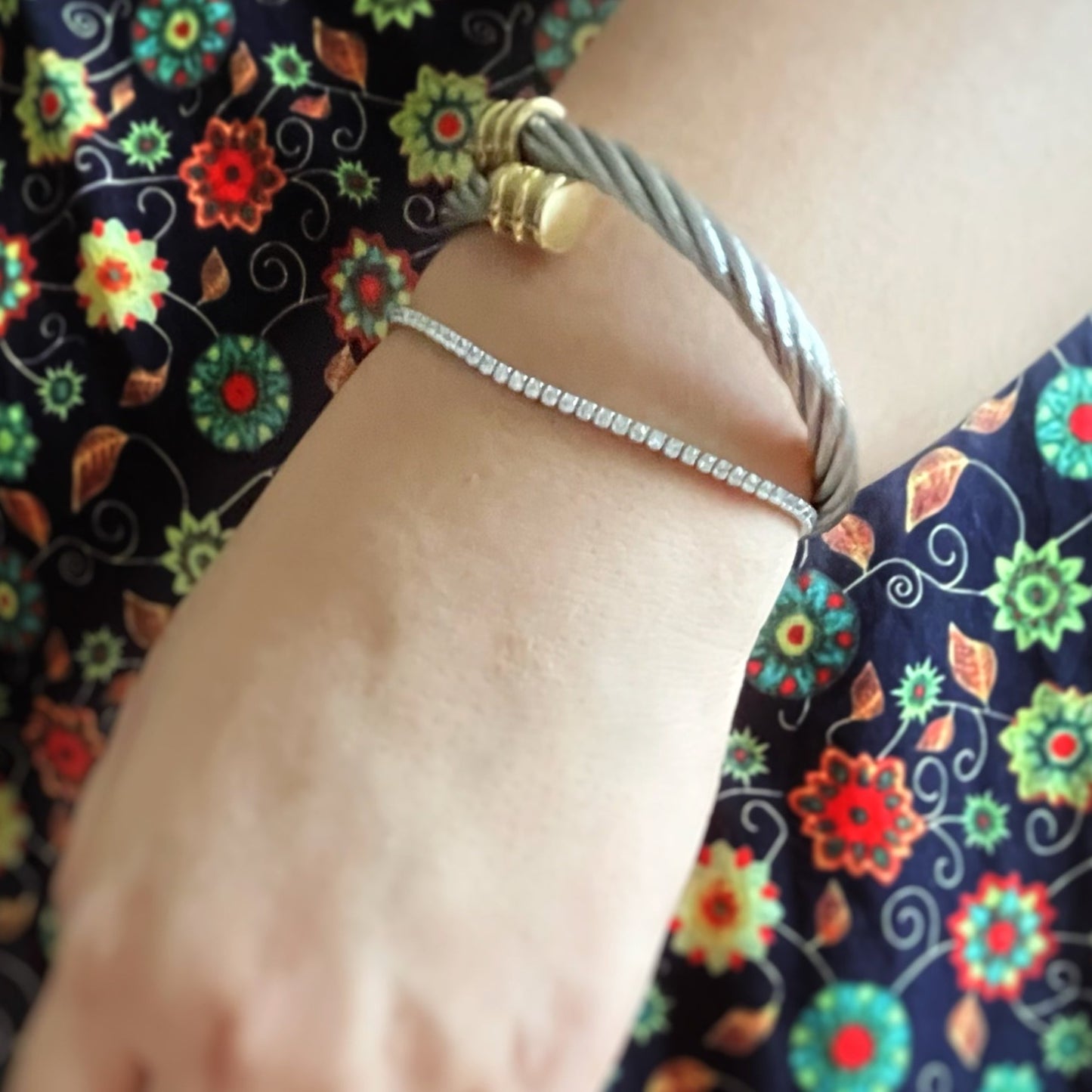 hand wearing whitegold silver petite tennis bracelet